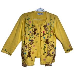 Vintage Jack B Quick Petite S Yellow Embellished‎ Beaded Monkey Cardigan 90s